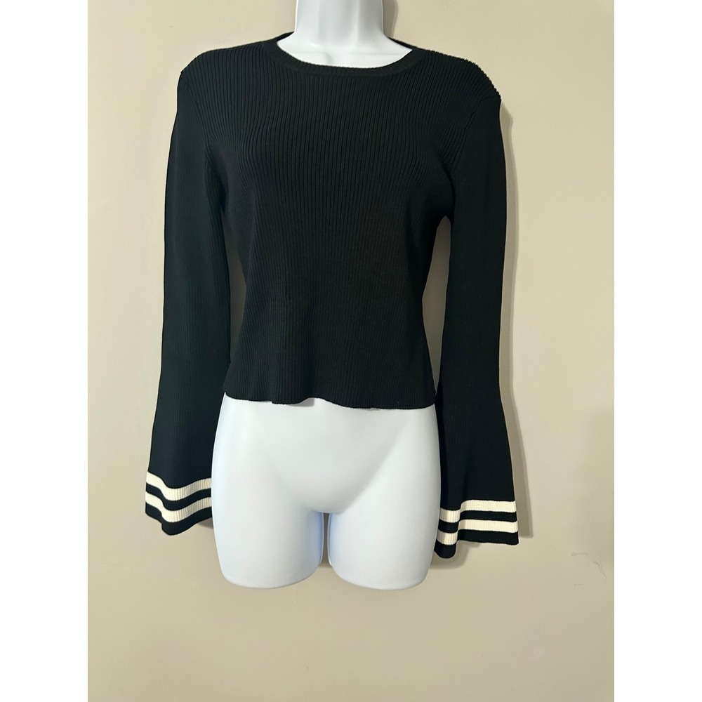 CAARA Black Ribbed Knit‎ Bell Sleeve Sweater Slightly Cropped Top Size S